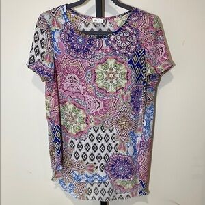 Spense Purple and Pink Short Sleeve Graphic Blouse
